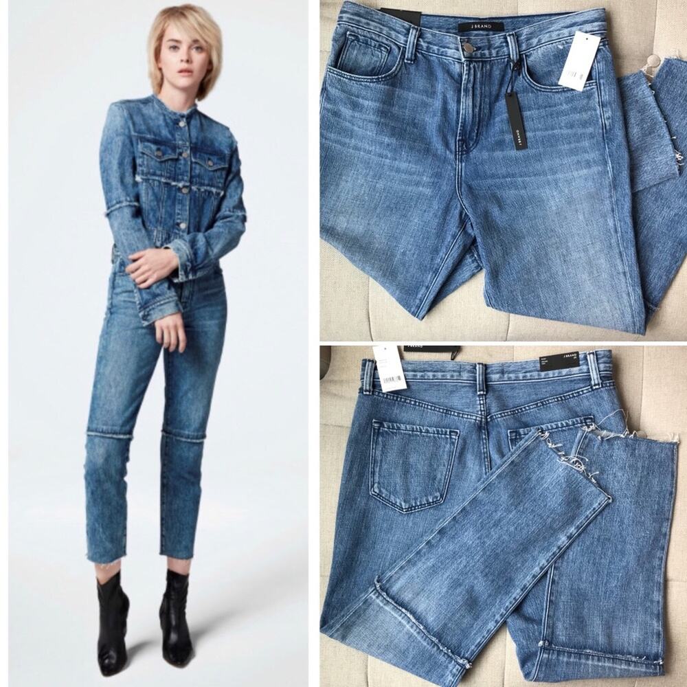 J BRAND Ruby High Rise Raw Hem Strait Crop Jeans Satellite Blue Women's 29 $278